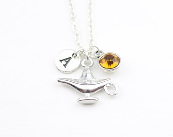 Genie Lamp Necklace Aladdin Magic Lamp Birthday Gift Silver Charm Personalized For Woman Girl Initial Birthstone Genie Jewelry Arabian Night