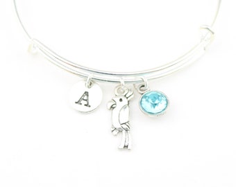 Parrot Charm Bracelet: Personalized Initial, Bird Jewelry Gift