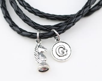 Chess Knight Charm Bracelet: Adjustable Leather Jewelry, Grandmaster Gift