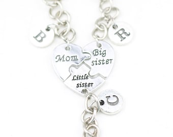 Personalized Mom & Sister Keychain Set of 3: Heart Puzzle Keyrings