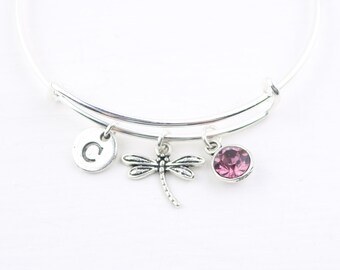 Bracelet à breloques libellule, jonc en argent, pierre de naissance, bijoux personnalisés