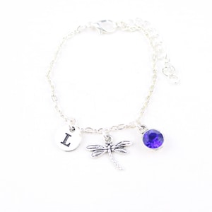 Dragonfly Charm Bracelet: Personalized Initial, Silver Chain Jewelry