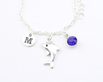 Dolphin Bracelet Women, Silver Dolphin Charm, Dolphin Jewelry, Girl Birthday, Children Jewelry, Personalized Jewelry, Birthstone Jewelry