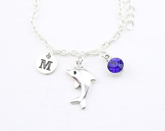 Dolphin Charm Bracelet: Silver, Birthstone, Initial, Personalized Jewelry