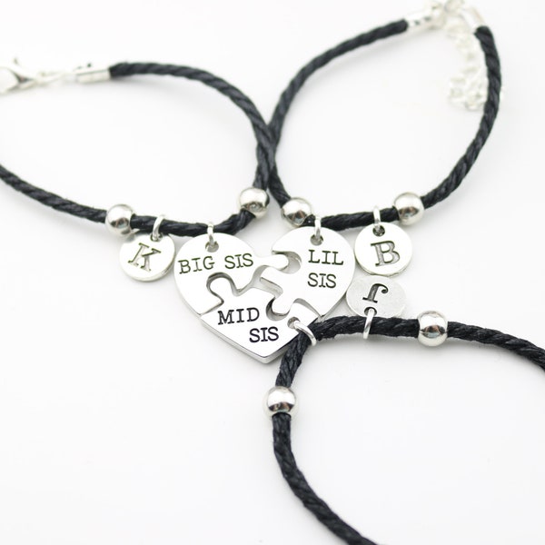 Bracelet set for 3 sisters, Matching for sisters, Black rope Sister bracelet, Big Middle Little sister, 3 sister jewelry gift, sister puzzle