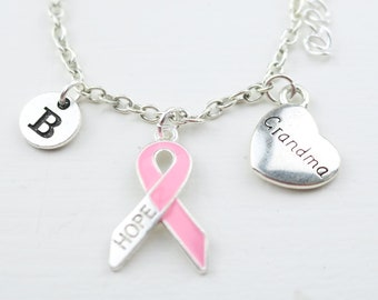 Grandma Breast Cancer Bracelet, Nana Cancer Support, Gramma Breast Cancer, Cancer Awareness, Cancer Jewelry, Pink Ribbon Chain, Personalized