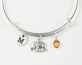 Pulsera con dije de elefante: joyería personalizada con inicial y piedra de nacimiento