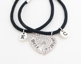 Bester Freund Black Cord Armband-Set, silbernes Herz, personalisierte Initiale