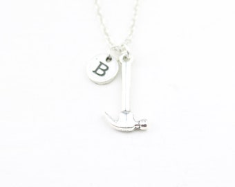 Hammer Pendant Necklace: Personalized Initial Charm, Carpenter Gift