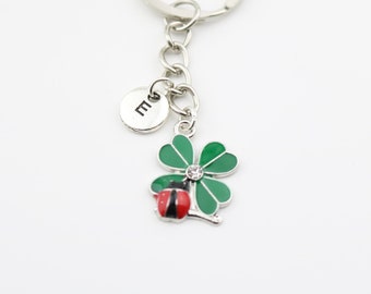 Lucky Clover Keychain, Green 4 leaf keyring, St Patrick&#39;s, Ladybird gift, Ladybug, Personalized gift, Luck gift, Four leaf flower, Christmas