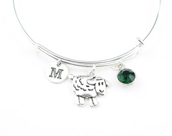 Sheep Charm Bracelet: Personalized Initial, Silver Animal Jewelry