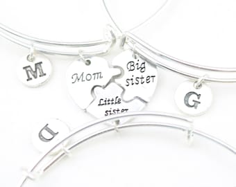 Personalized Mom and Sister Bangle Set of 3: Initial Charms, Family Gift