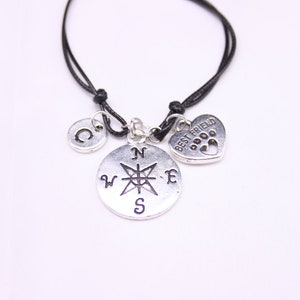 Compass Charm Bracelet, Black Cord, Personalized Gift