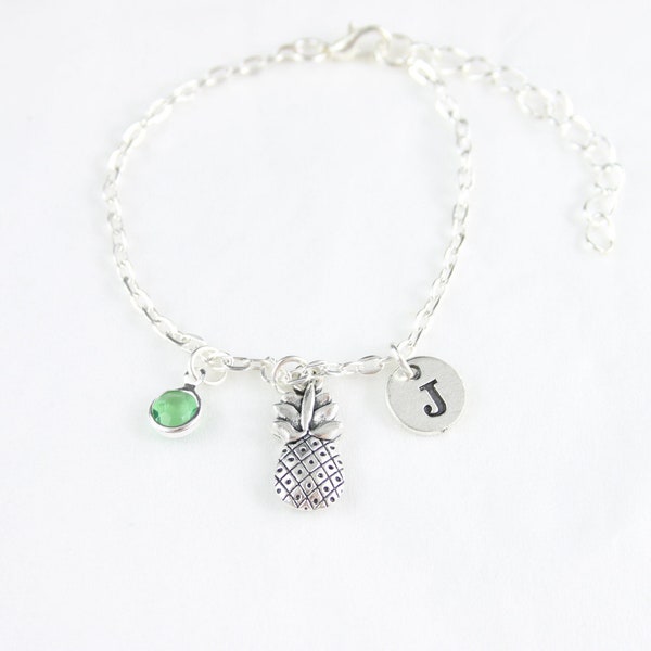 Zilveren Ananas Enkelband, Ananas Charme, Schakel Ketting Enkel Armband, Exotische Veganistische Fruit, Strand Zomer, Gepersonaliseerde, Initiële Birthstone