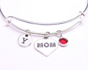 Personalized Mom Charm Bangle: Silver Mother's Day Bracelet