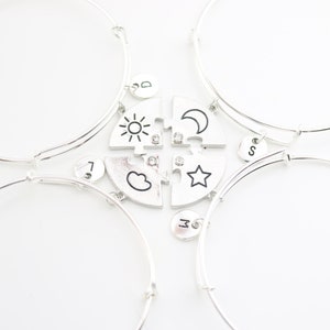 Best Friend Bracelet set of 4, Matching bangles, Graduation Friendship for 4, Four BFF Gift, Personalized Child Jewelry, Sun Star Moon Cloud