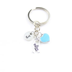 May include: Silver keyring with a blue heart charm, a silver ribbon charm engraved with the word "HOPE", and a silver charm with the letter "J" on it.