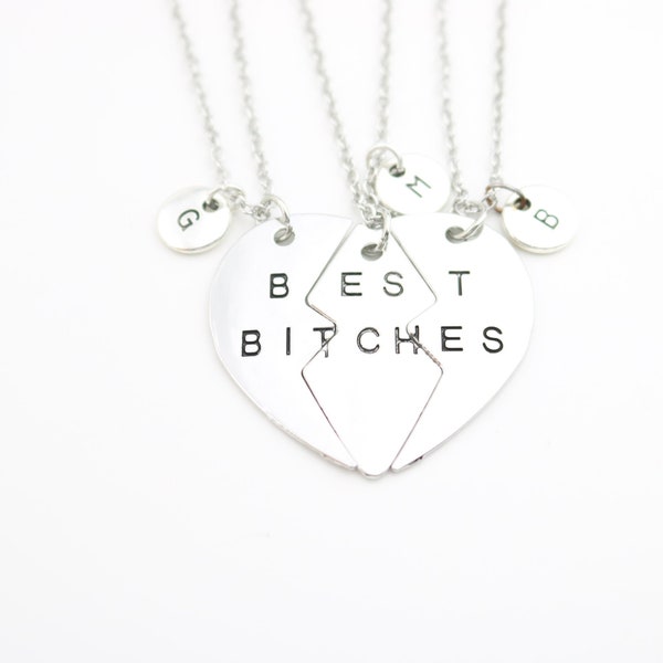 Best Bitches Gifts for 3, Heart split into 3, Charm Necklaces, Christmas gift for 3 Friends, Best Friend Necklace set of 3, woman Friendship
