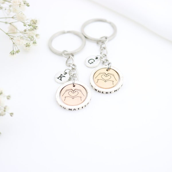 2 Graduates Gifts, Best Friend Keychain set of 2, 2 Friendship Keyring, Matching for two sisters, Long distance couple, Hand heart Monogram