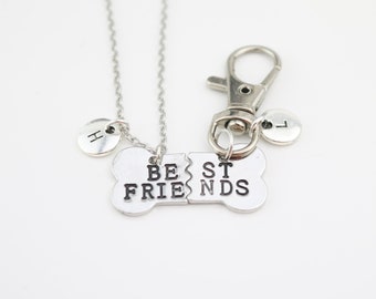 Best Friend Dog Bone Necklace and Keychain Set, Personalized Initial Charm