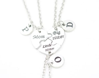 Mom Sister Necklace for 3: Personalized Initial Charm, Big Little Sister Gift