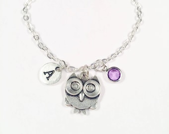 Owl Anklet, Owl Gift, Silver Owl Charm, Personalized, Initial, Silver Chain Anklet, Birthstone, Women, Owl Jewelry, Graduation, Best Friend