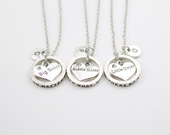 Sister Necklace Set of 3, Sister Gift for 3, Three Sisters Necklaces, Sister Jewelry, Big Mid Lil Sister, Personalized, matching for sister