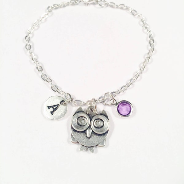 Owl Anklet, Owl Gift, Silver Owl Charm, Personalized, Initial, Silver Chain Anklet, Birthstone, Women, Owl Jewelry, Graduation, Best Friend