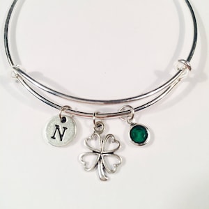 Hollow Clover charm bangle, Irish Luck Bracelet Women, 4 Leaf Flower, Personalized Jewelry, Initial Bithstone, Lucky Jewelry, wire bracelet