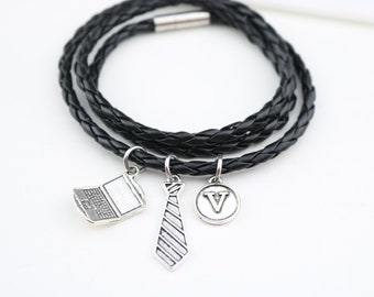 Personalized Leather Bracelet for Men with Laptop Charm