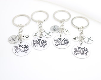 Travel gifts, Vacation key rings, World Travelling, Flying Plane keychains, Silver Compass, Best Friends Set of 2 3 4 5 6 7 8, Personalized