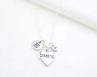 Personalized Diabetic Charm Necklace Women, Child Diabetes Jewelry, Link chain, Custom Girl Diabetes Awareness, Blood sugar Insulin, Initial