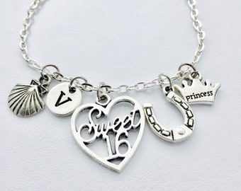 Sweet Sixteen Charm Bracelet, Initial Charm Gift, Gift to Daughter, Gift to Friend, Gift to Niece, 16th Birthday Gift, Gift to Girl, To Babe