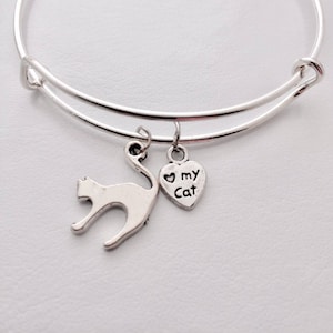 Cat Bracelet Women, Silver Cat Charm gift, Cat owner gift, cat lover gift, adjustable bangle, expandable, cat jewelry, My cat bracelet