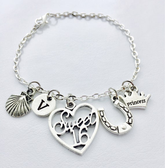 Sweet Sixteen Charm Bracelet: Initial, Heart, Horseshoe, Crown
