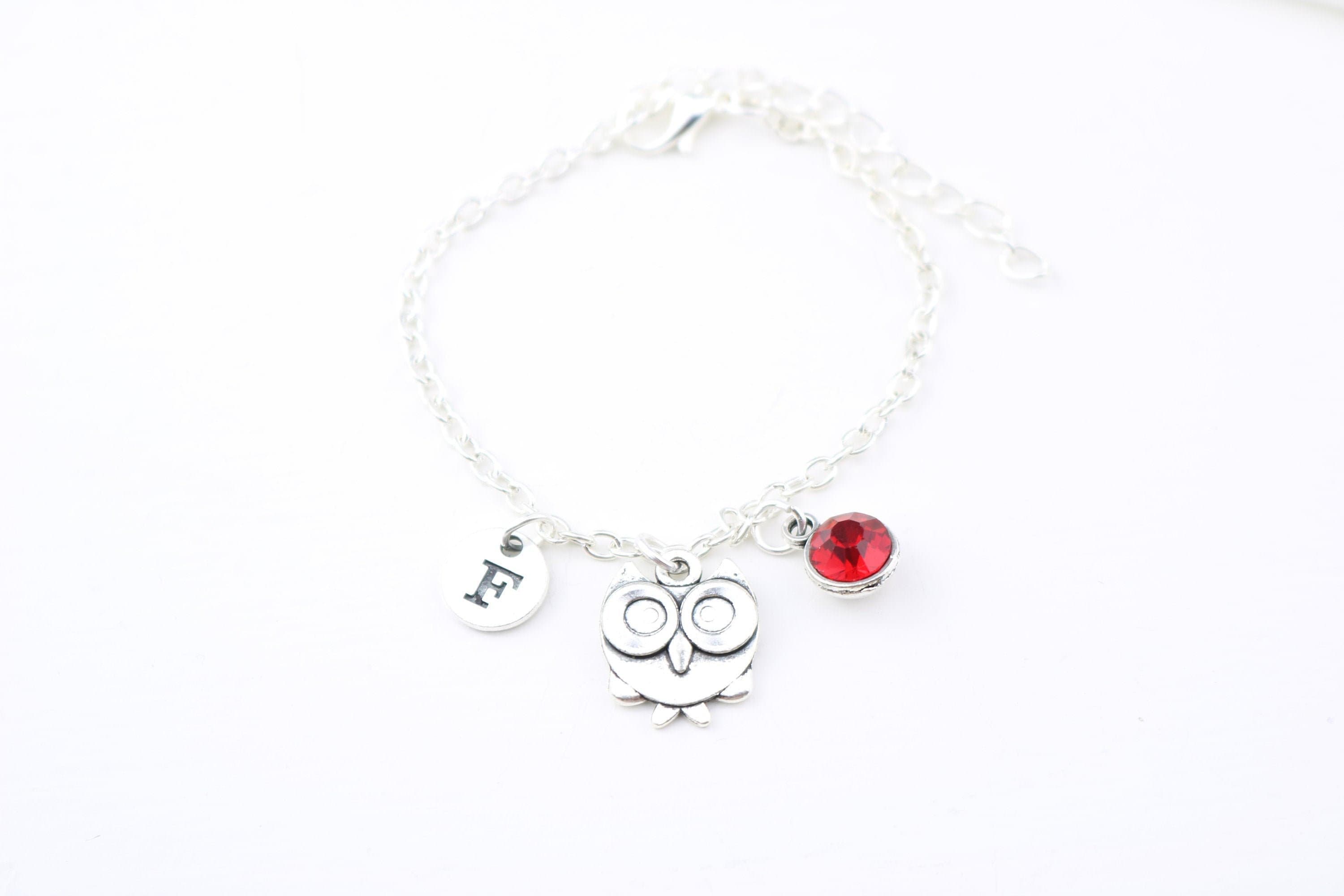Silver Owl Charm Bracelet, Personalized Initial, Red Gemstone