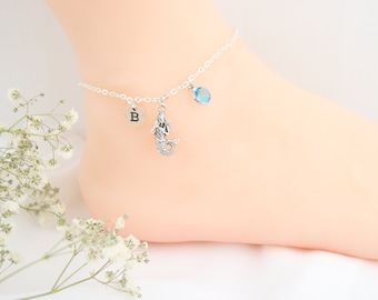 Mermaid Anklet, Silver Charm Anklet, Personalized Initial Birthstone, Fish tail woman, Adjustable link chain, Woman Mermaid Gifts, Christmas