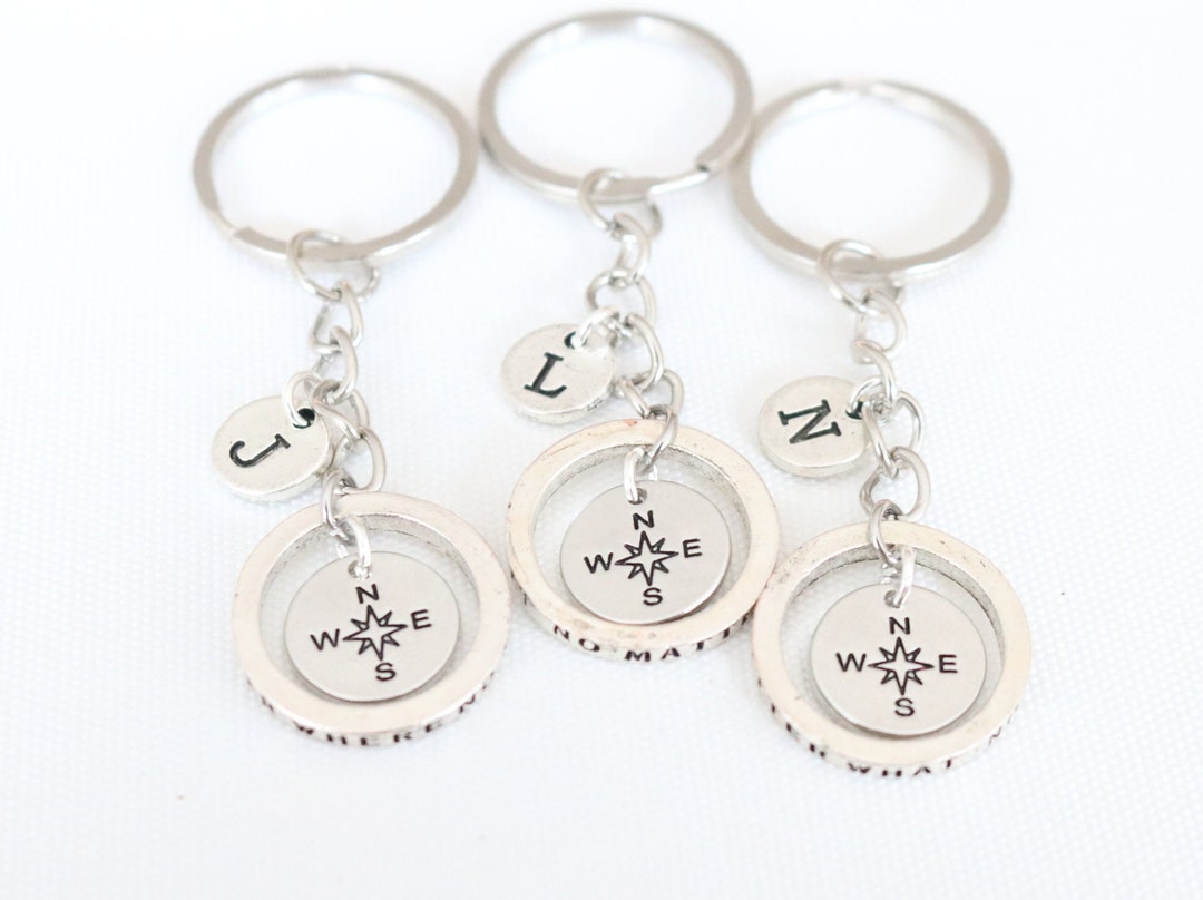 Three Friendship Keychains With Compass and Initials Etsy
