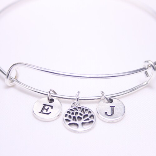 Bracelet couple personnalisé, jonc breloque initiale arbre généalogique