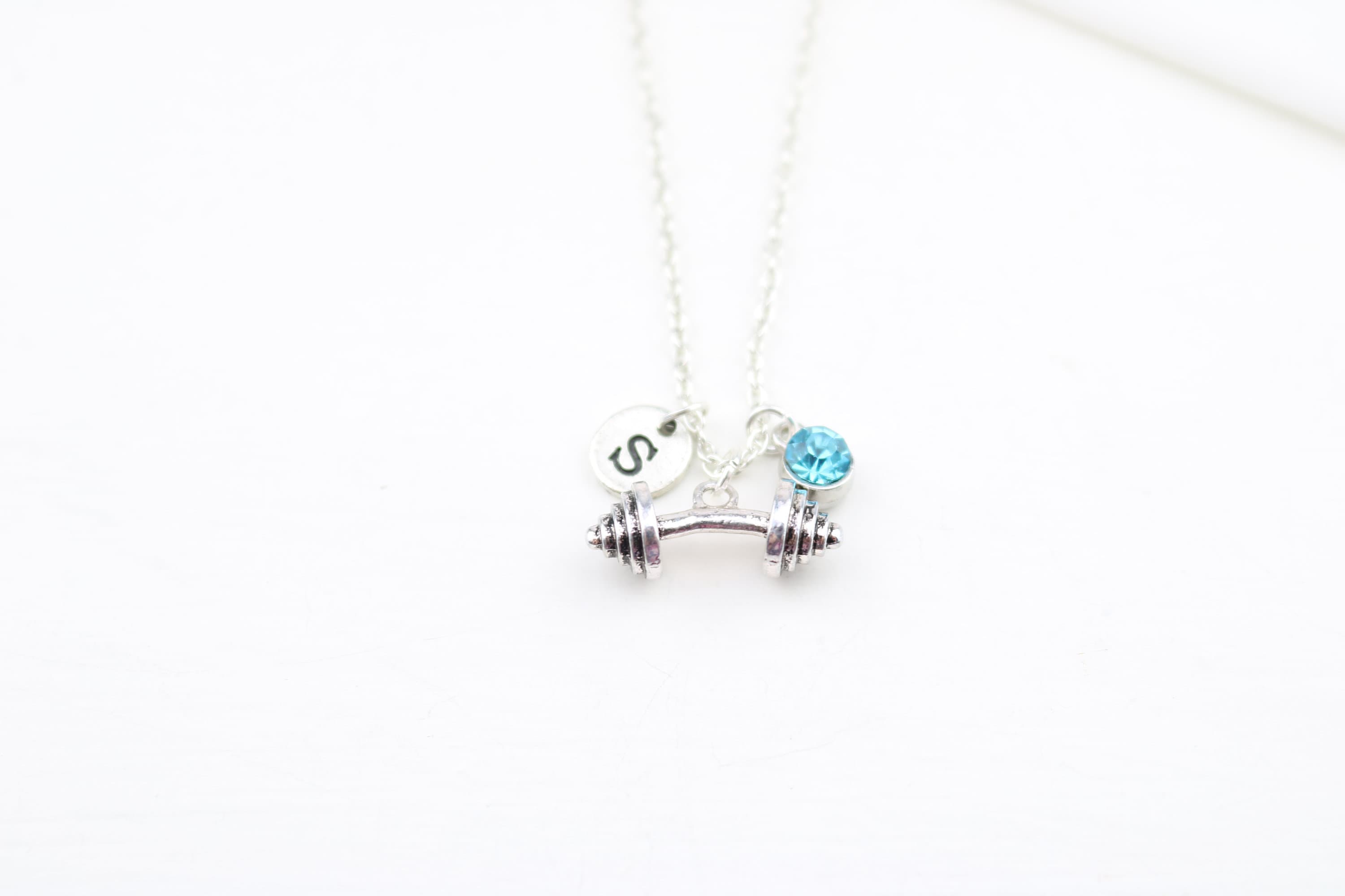 Barbell Necklace Personalized Initial Charm, Fitness Jewelry