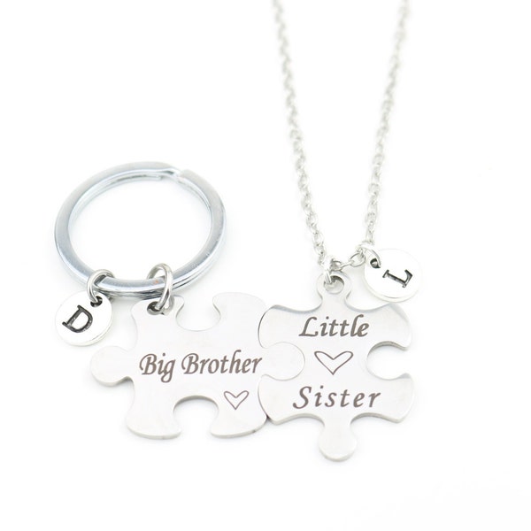 Little Sister Necklace & Big Brother Keychain Personalized with Initials