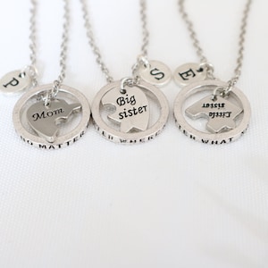 2 Sisters and Mom necklaces, Matching for mom and sister, Big little sister Mother, No Matter Where What Family, Christmas gift to daughters