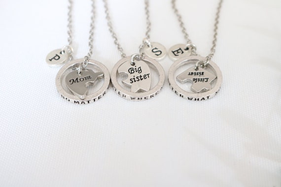 Stainless Steel Necklaces Big Sis Lil Sis Mom Puzzle Heart Pendants 3 Pcs/  Set Mother's Day