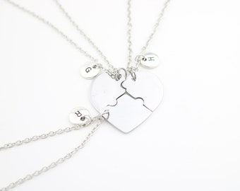 Personalized 3 Sister Necklace Set: Puzzle Heart, Silver Charm