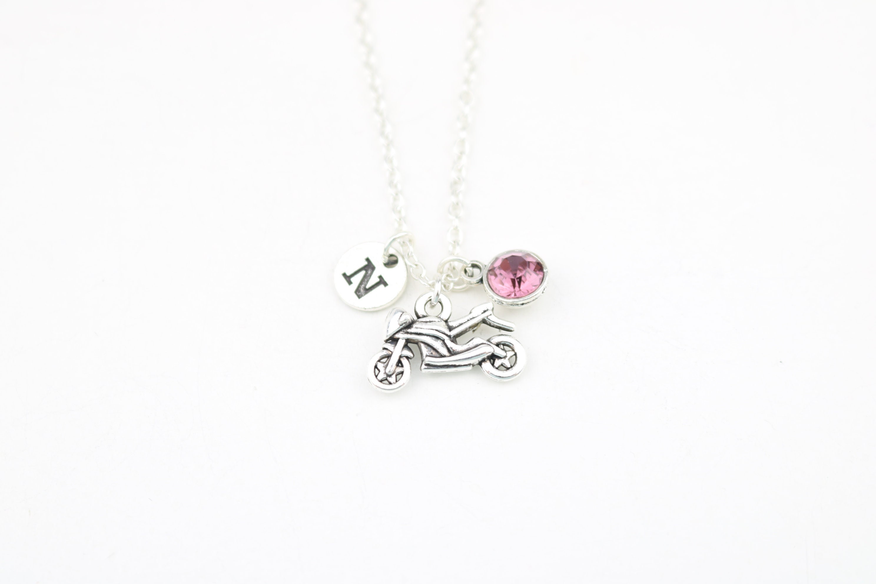 Motorbike Charm Necklace: Personalized Initial, Biker Gift