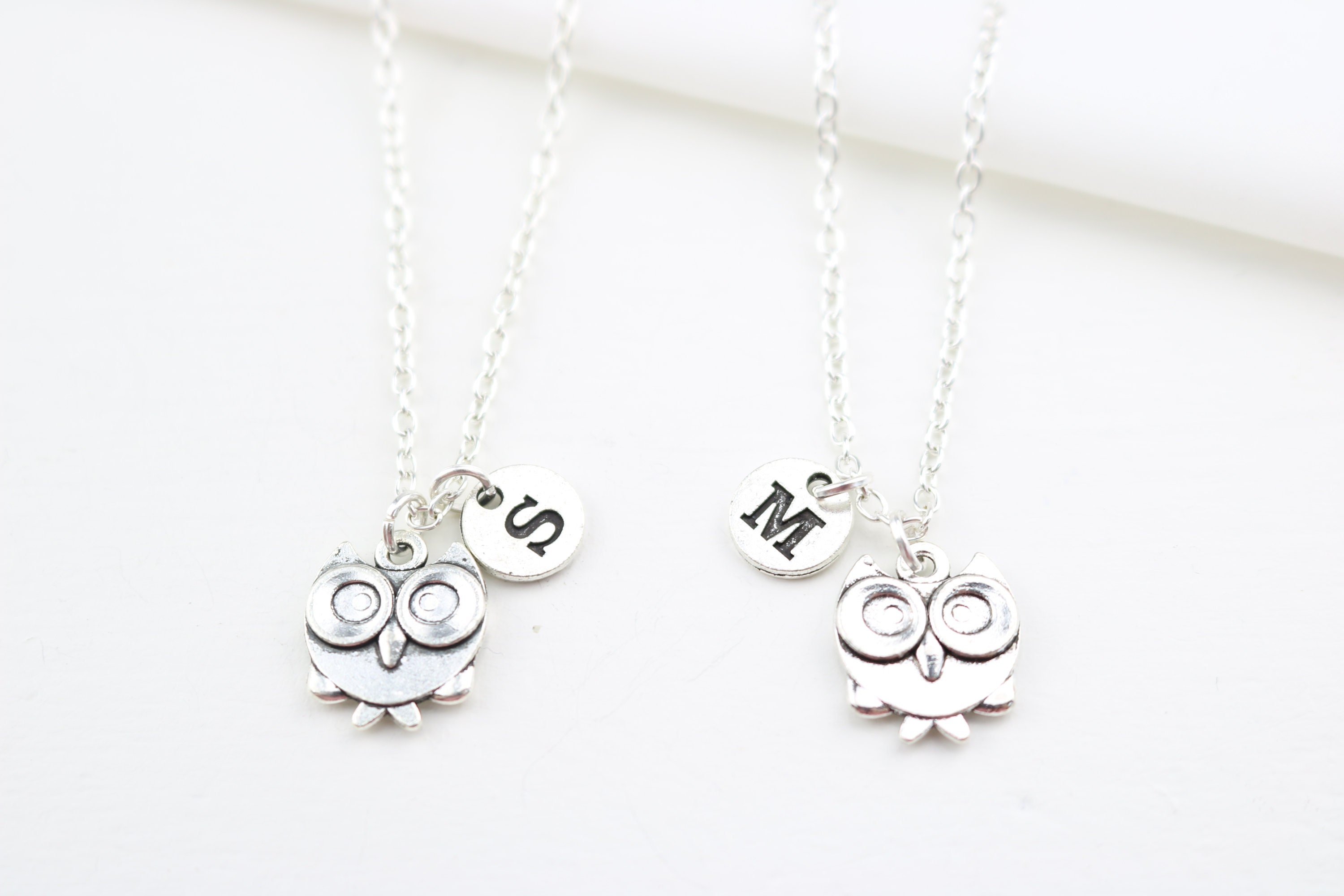 Owl Necklace Set, Sister Best Friend Gift, Personalized Initial Charms