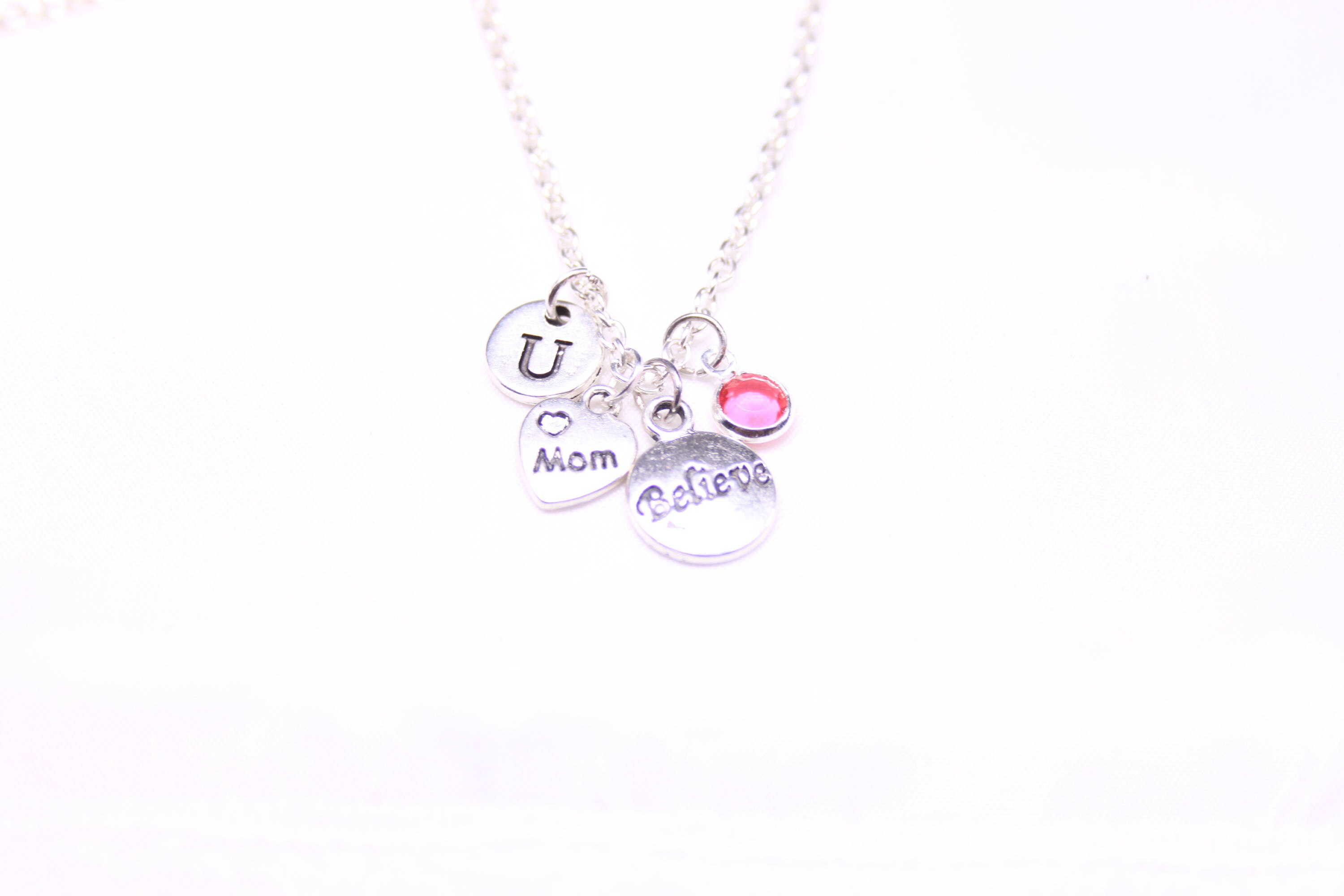 Believe Mom Breast Cancer Necklace Personalized with Initial