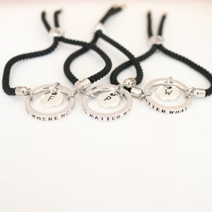 Black Cord, Initial Bracelet Set for 3: Silver-Plated Charm, Friendship Gift