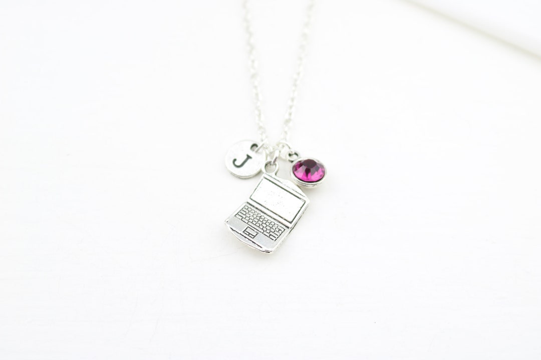Laptop Charm Necklace: Silver Computer Pendant, Initial & Birthstone - Etsy