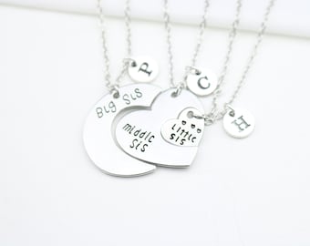 3 Sisters Necklaces, Matching for Sisters set of 3, Three Sisters gift, Unique Personalized, sis puzzle heart, Christmas, Big Middle Little